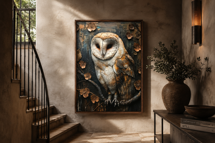 Barn owl rustic farmhouse framed canvas wall art in a textured, earthy-toned interior setting.