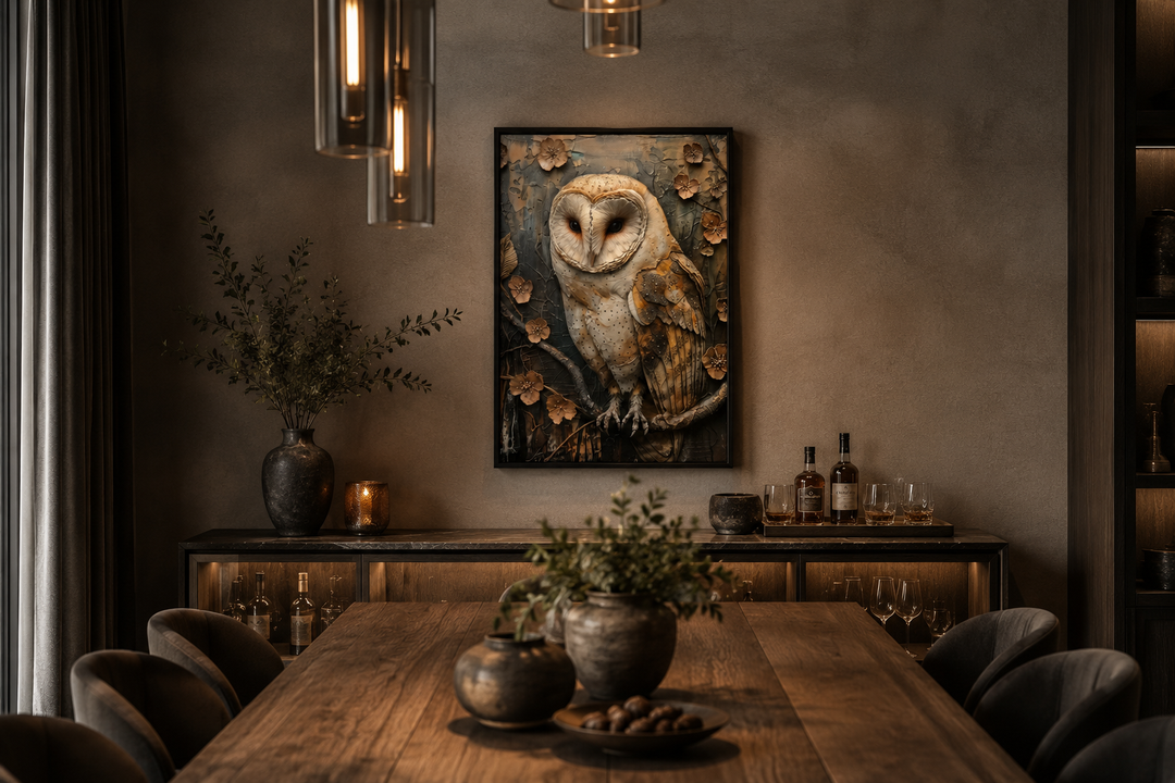 Framed barn owl canvas wall art in a rustic dining room with earthy tones and wooden furniture.