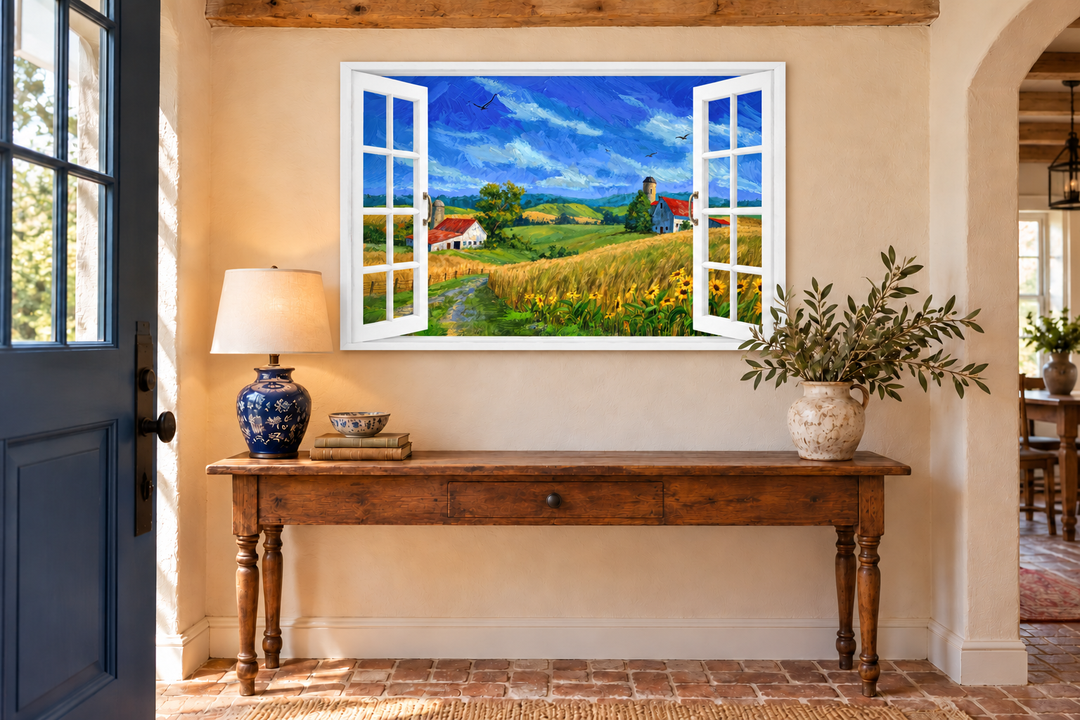 Summer Farm Landscape Window View Canvas Wall Art