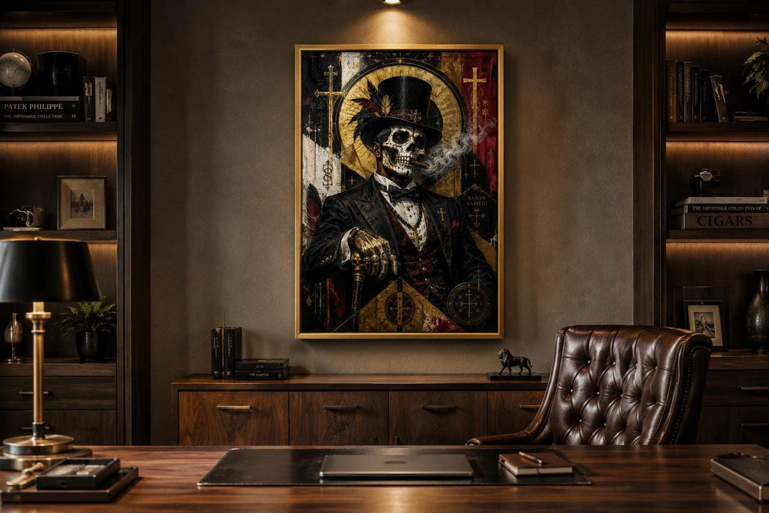 Baron Samedi skeletal gentleman in a top hat smoking a cigar, gothic canvas art in a dark office.