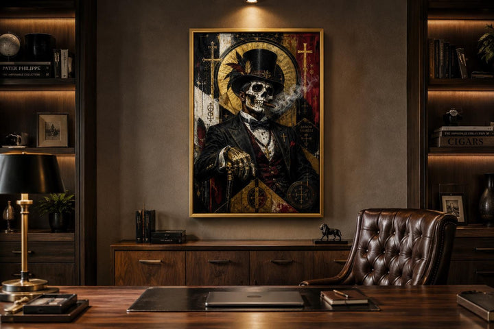 Baron Samedi skeletal gentleman in a top hat smoking a cigar, gothic canvas art in a dark office.