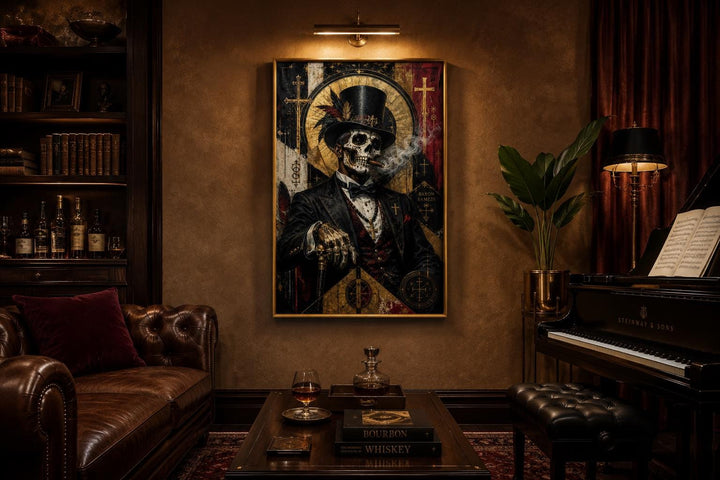 Baron Samedi skeletal gentleman in a top hat smoking a cigar, dark gothic wall art in a moody study.