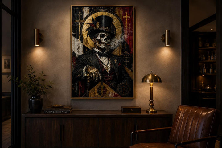 Baron Samedi gothic wall art featuring a skeletal gentleman in a top hat smoking a cigar.