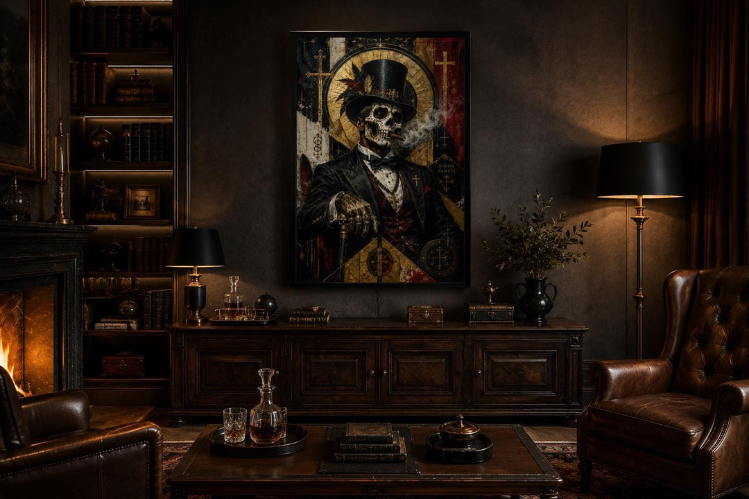Baron Samedi skeletal gentleman in a top hat smoking a cigar, dark gothic wall art on a moody wall.