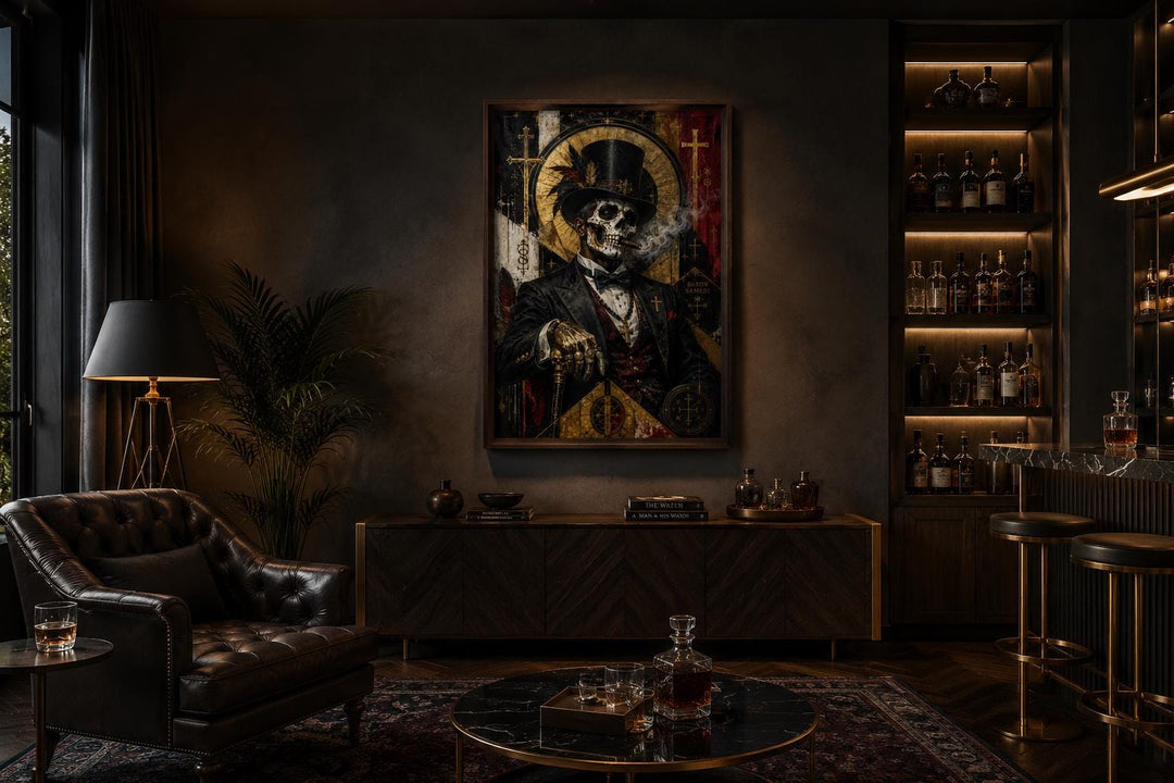 Baron Samedi skeletal gentleman in a top hat smoking a cigar, dark gothic canvas wall art.