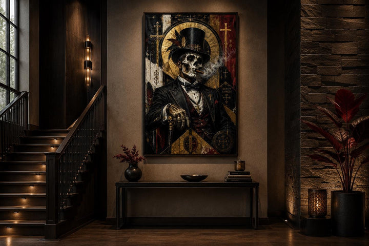 Baron Samedi skeletal gentleman in a top hat and suit smoking a cigar, gothic canvas wall art.
