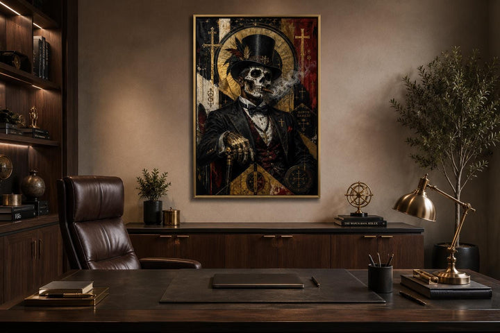 Baron Samedi skeletal gentleman in a top hat and suit, gothic canvas wall art in a dark office.