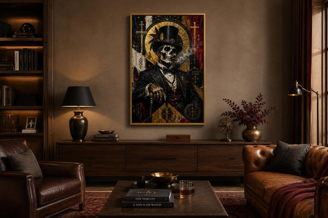 Baron Samedi skeletal gentleman in top hat smoking a cigar, dark gothic wall art in a moody room.