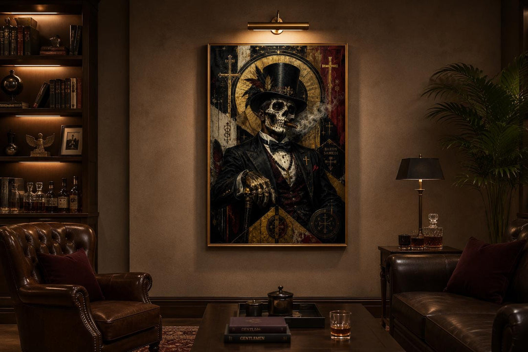 Baron Samedi skeletal gentleman in a top hat smoking a cigar, gothic canvas wall art in a lounge.