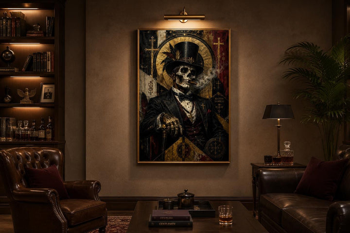 Baron Samedi skeletal gentleman in a top hat smoking a cigar, gothic canvas wall art in a lounge.