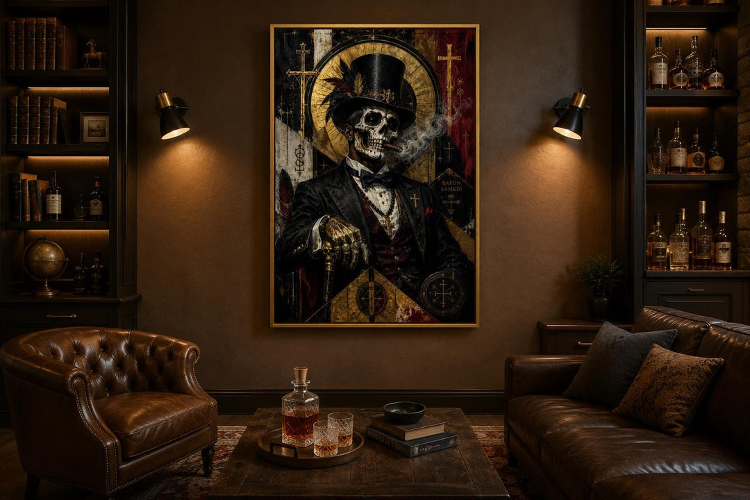 Baron Samedi skeletal gentleman in a top hat smoking a cigar, dark gothic canvas wall art.