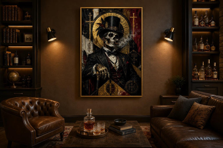 Baron Samedi skeletal gentleman in a top hat smoking a cigar, dark gothic canvas wall art.