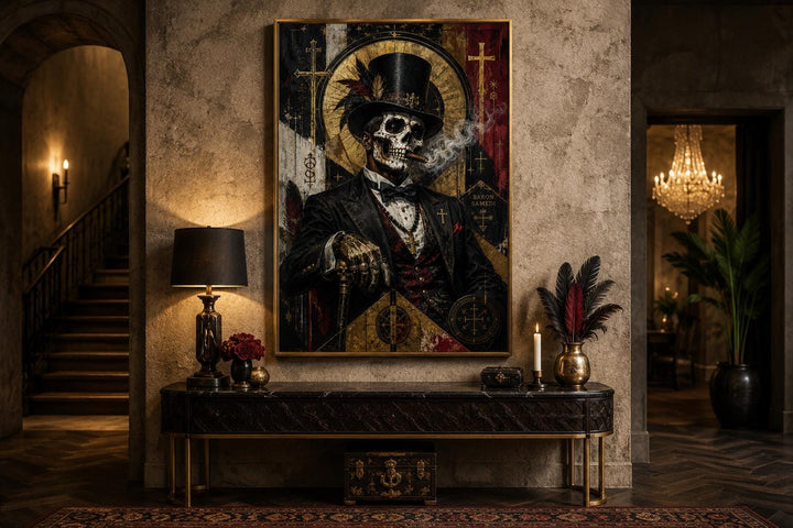 Baron Samedi skeletal gentleman in a top hat smoking a cigar, dark gothic canvas wall art.
