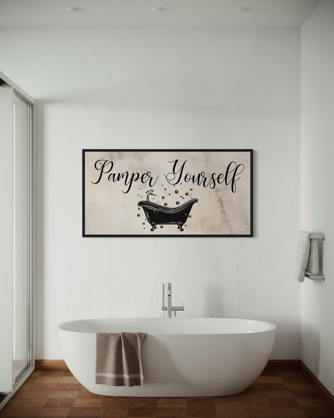 Bathroom Wall Art, Beige Neutral Pamper Yourself Sign Canvas Print