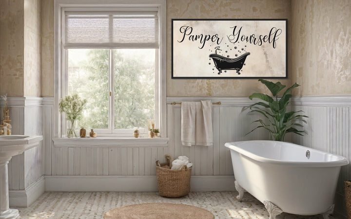 Bathroom Wall Art, Beige Neutral Pamper Yourself Sign Canvas Print