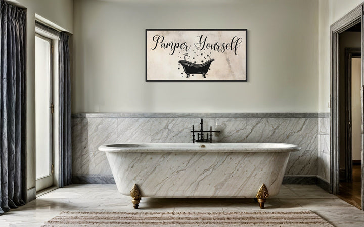 Bathroom Wall Art, Beige Neutral Pamper Yourself Sign Canvas Print