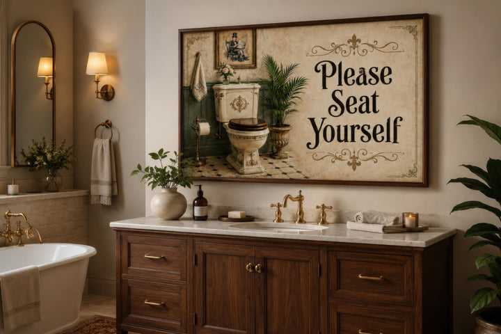 Framed canvas print with 'Please Seat Yourself' text in a rustic bathroom above a wooden vanity.