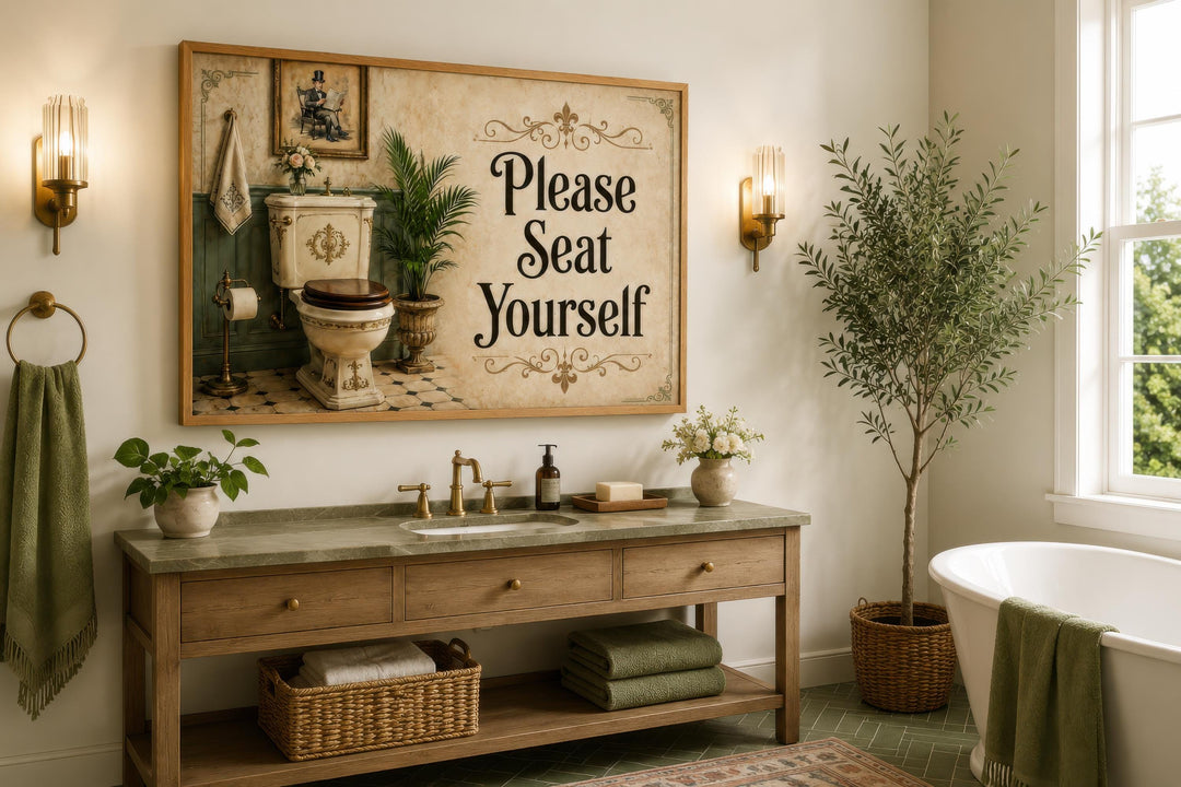 Framed canvas print with "Please Seat Yourself" text in a rustic bathroom setting.