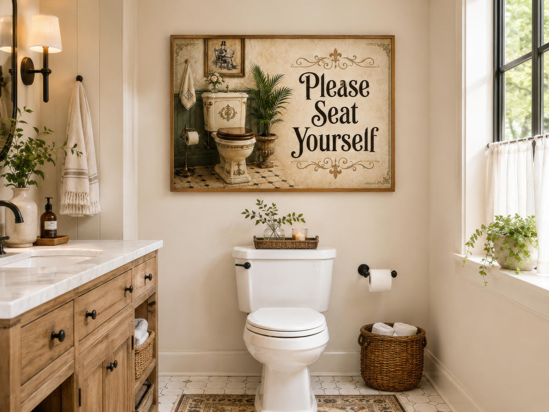 A vintage-style canvas print with "Please Seat Yourself" text above a white bathroom toilet.