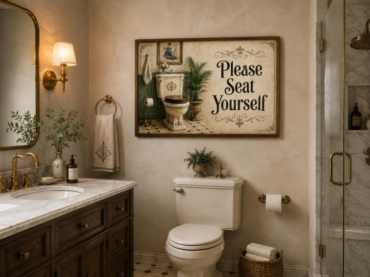 Vintage-style bathroom wall art canvas featuring the text "Please Seat Yourself" in a rustic frame.