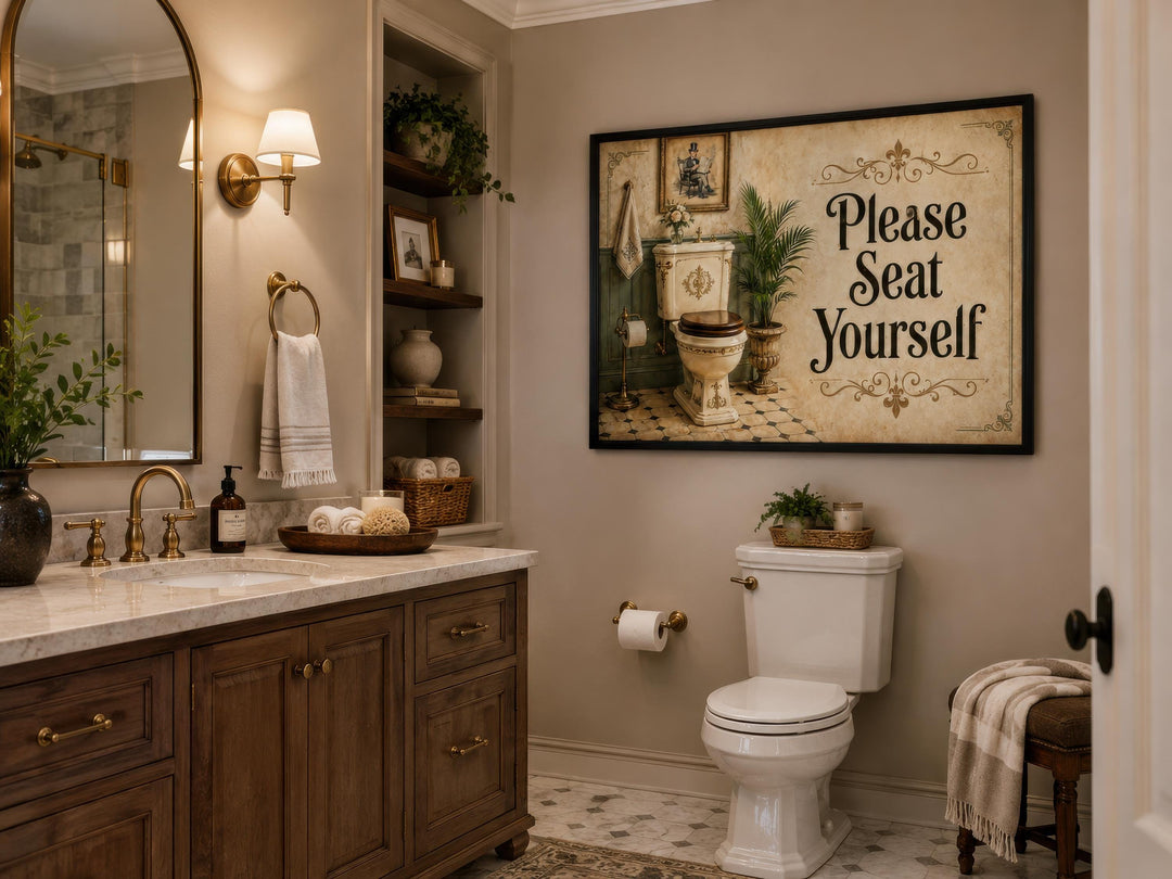 Vintage-style framed canvas print with "Please Seat Yourself" text in a rustic bathroom setting.