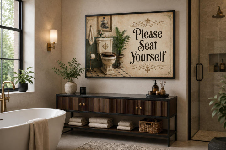 Framed canvas print with "Please Seat Yourself" text in a vintage-style bathroom setting.