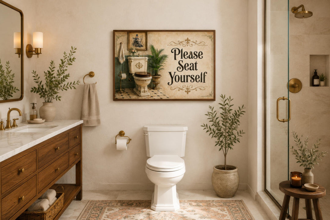 Vintage-style canvas wall art with "Please Seat Yourself" text above a white toilet in a bathroom.