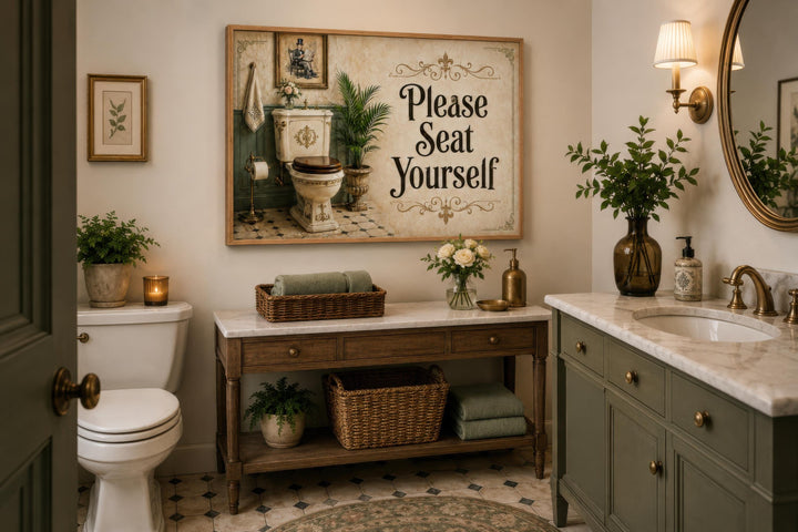 Vintage-style bathroom wall art featuring a toilet illustration and "Please Seat Yourself" text.