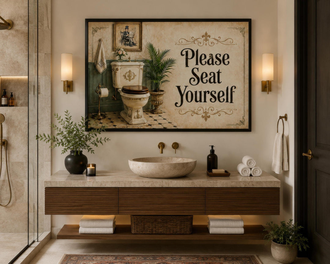 Vintage-style bathroom wall art featuring a toilet illustration and "Please Seat Yourself" text.