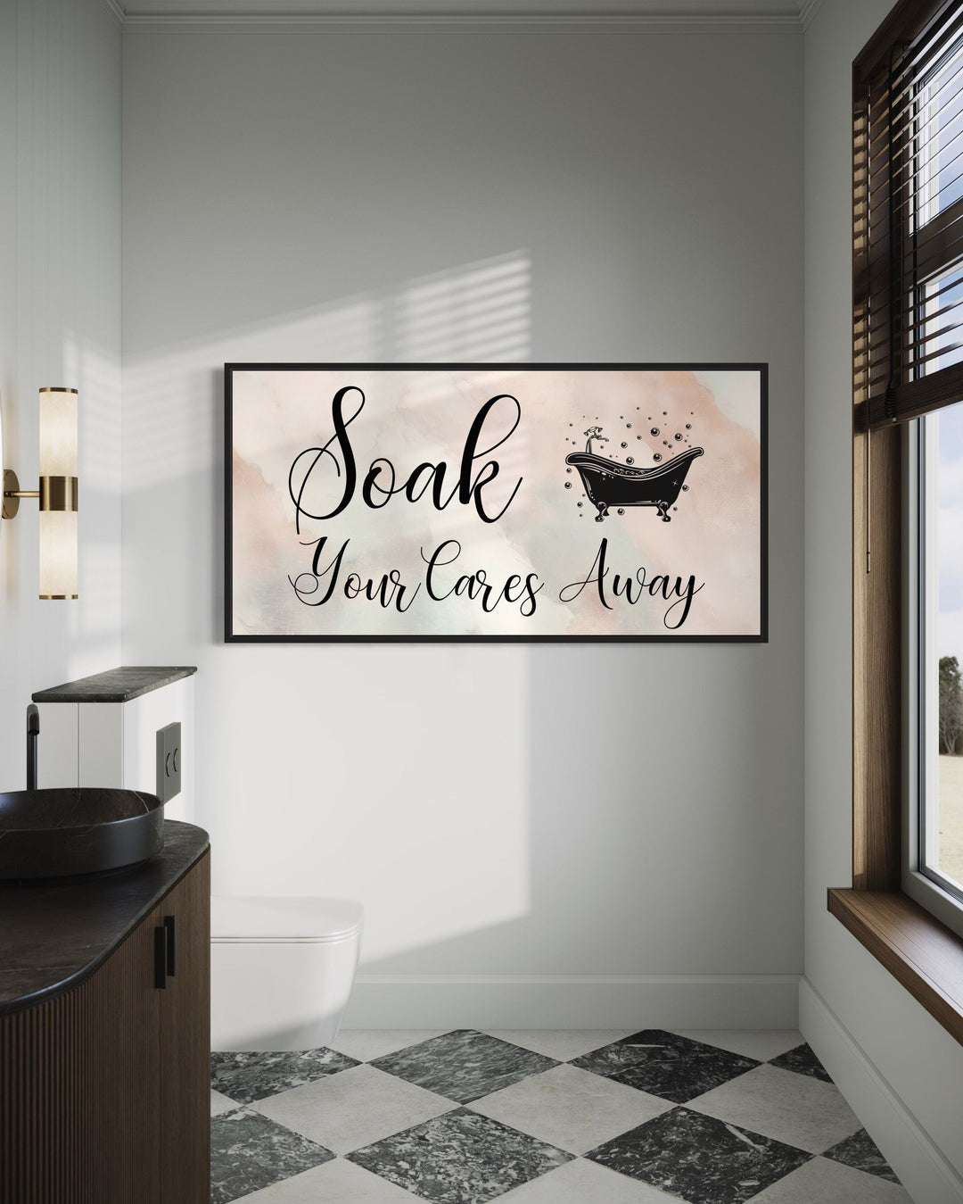 Bathroom Wall Art - Soak Your Cares Away Print | Pink Green Zen Decor
