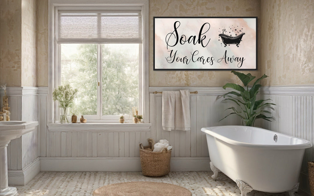 Bathroom Wall Art - Soak Your Cares Away Print | Pink Green Zen Decor