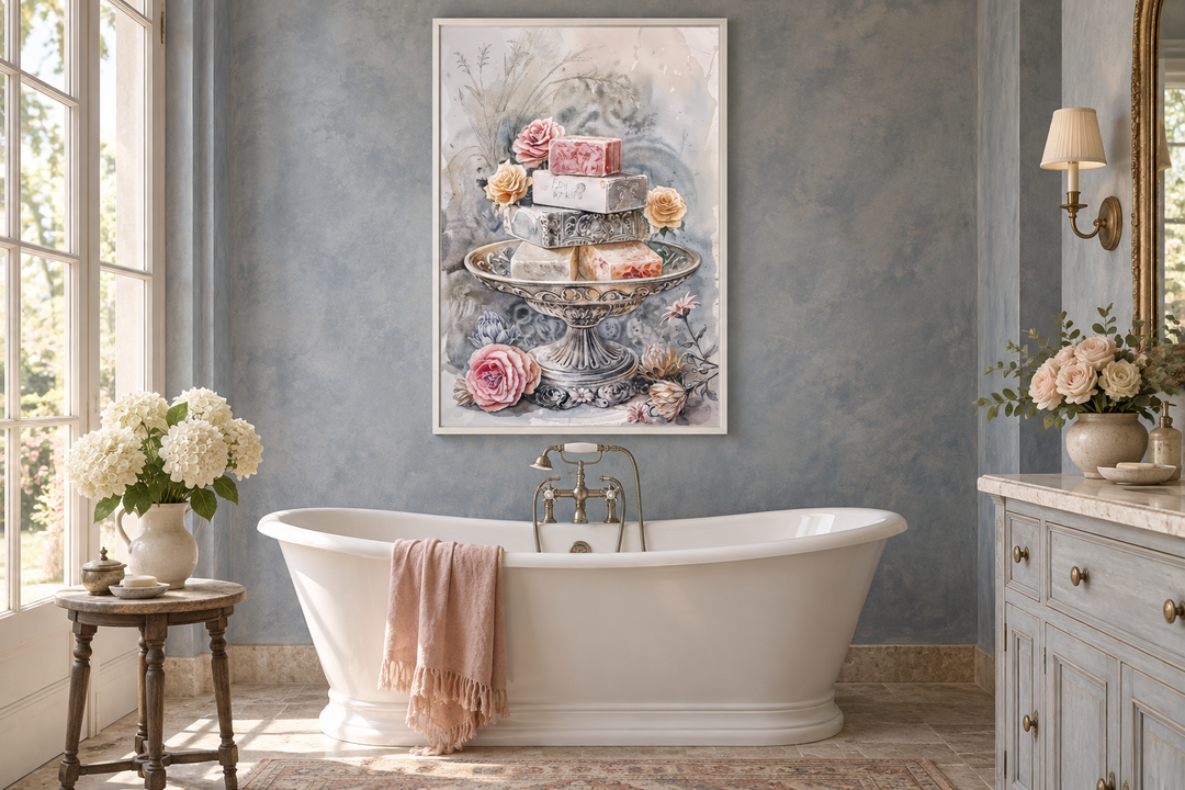 Antique soap bars pink and grey watercolor wall art hanging above a white bathtub in a bathroom.