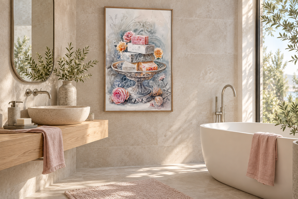 Watercolor painting of antique soap bars on a silver stand, framed in a modern beige bathroom.