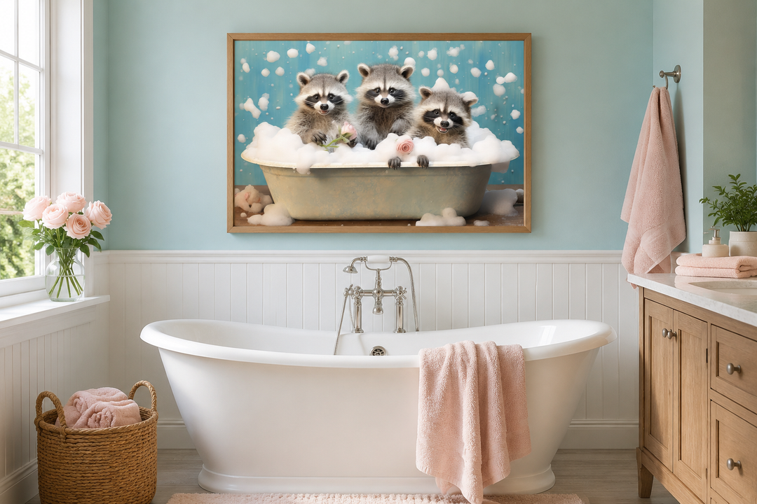 Three Raccoons In a Bathtub Framed Canvas Wall Art hanging in a bright, modern bathroom.