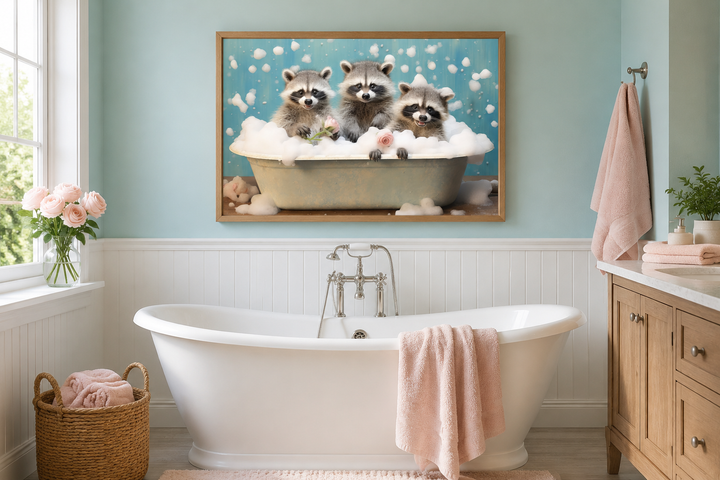 Three Raccoons In a Bathtub Framed Canvas Wall Art hanging in a bright, modern bathroom.