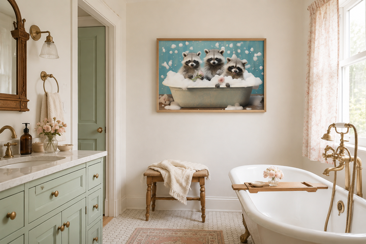 Three raccoons in a bathtub framed canvas wall art hanging in a vintage-style bathroom.
