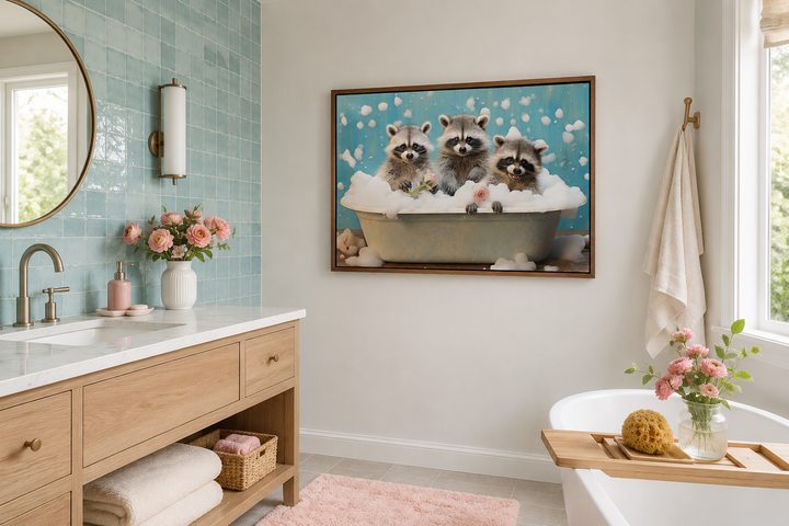 Three Raccoons In a Bathtub Framed Canvas Wall Art hanging in a modern bathroom above a vanity.