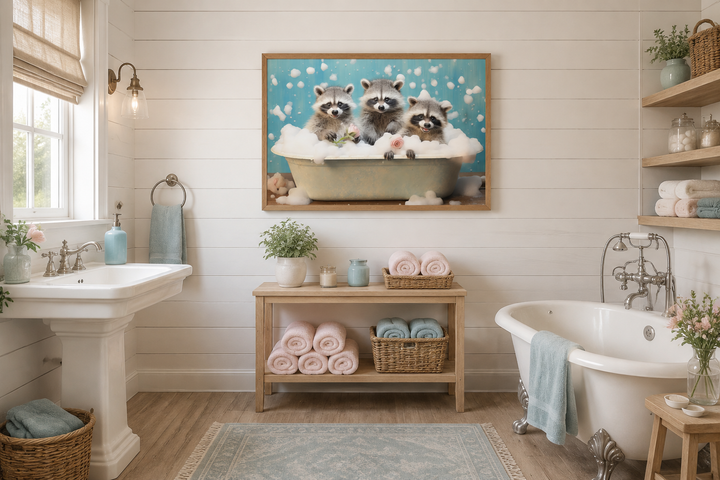 Three Raccoons In a Bathtub Framed Canvas Wall Art hanging in a bright, rustic bathroom.
