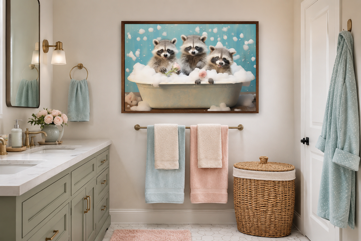 Three raccoons in a bubble-filled vintage bathtub framed canvas wall art in a bathroom setting.