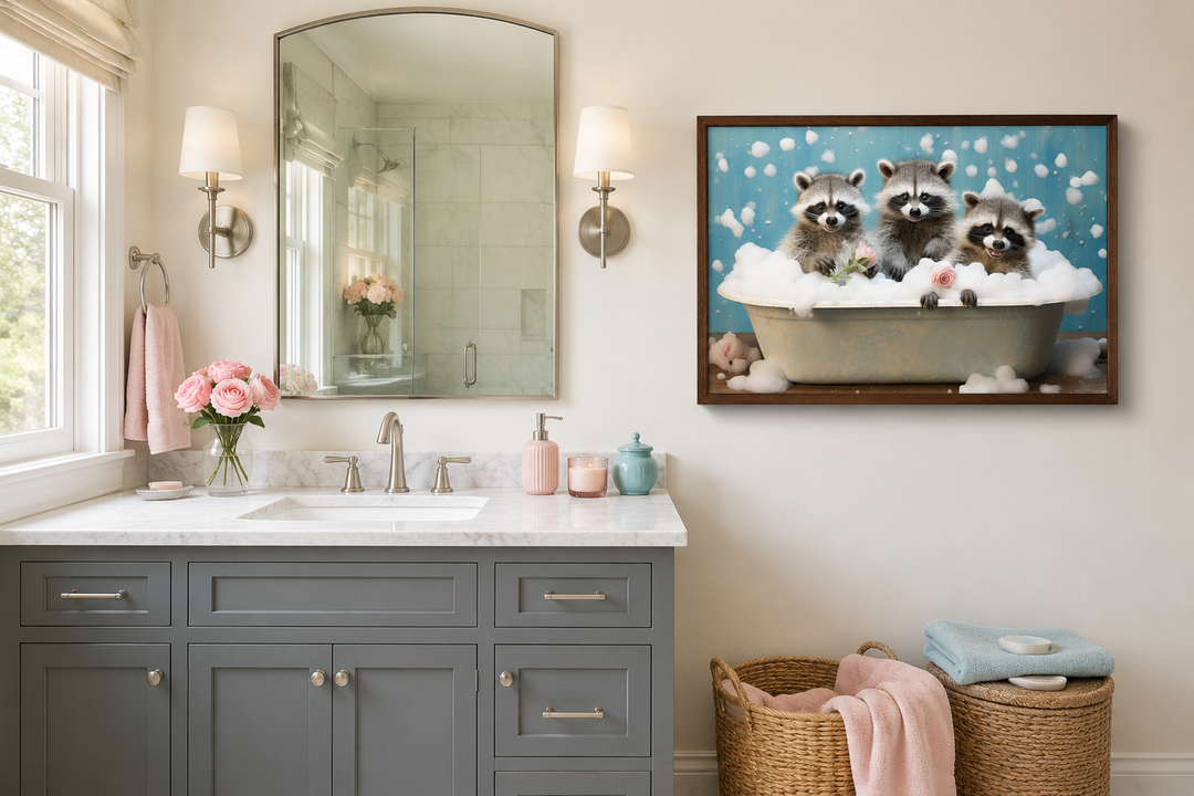 Three Raccoons In a Bathtub Framed Canvas Wall Art hanging above a bathroom vanity.