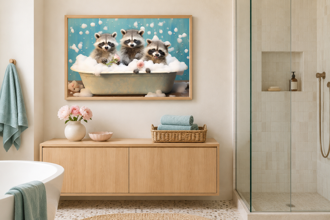 Three Raccoons In a Bathtub Framed Canvas Wall Art displayed in a modern bathroom setting.