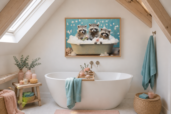 Three raccoons in a bubble bath framed canvas wall art hanging above a white freestanding bathtub.
