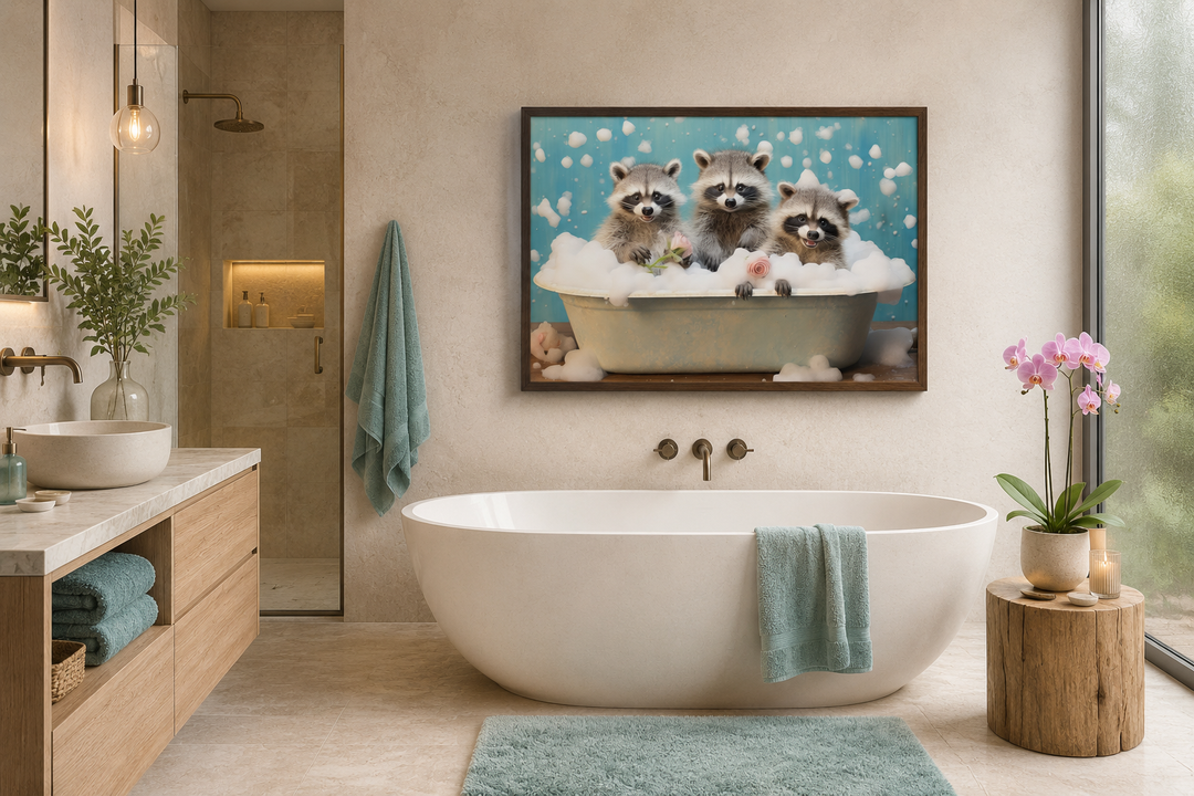 Three raccoons in a bathtub framed canvas wall art hanging above a modern white soaking tub.