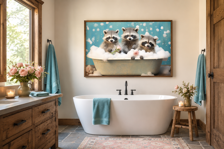 Three raccoons in a bubble-filled bathtub framed canvas art hanging in a rustic bathroom.