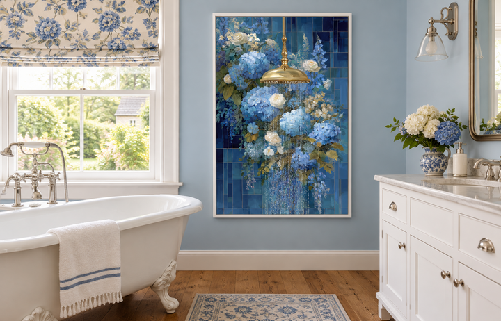 Blue Floral Shower Romantic Bathroom Canvas Wall Art hanging above a white clawfoot bathtub.