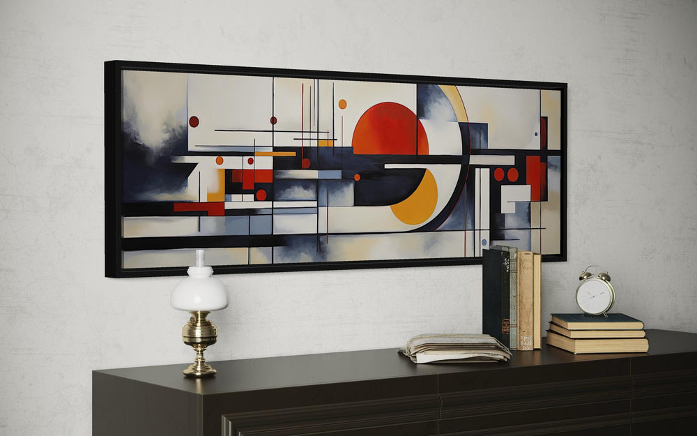 Bauhaus abstract geometric canvas print in a wide panoramic format with mid-century modern colors.