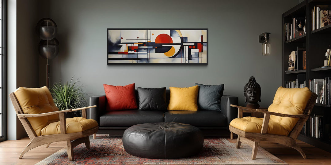 Bauhaus abstract geometric canvas print with warm rust, mustard, and charcoal colors.