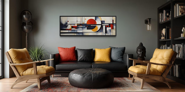 Bauhaus abstract geometric canvas print with warm rust, mustard, and charcoal colors.