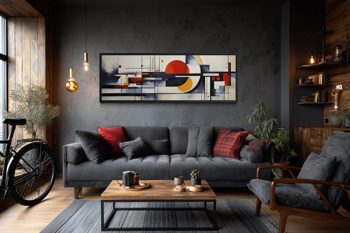 Panoramic Bauhaus abstract geometric canvas print featuring circles and lines in a modern living room.
