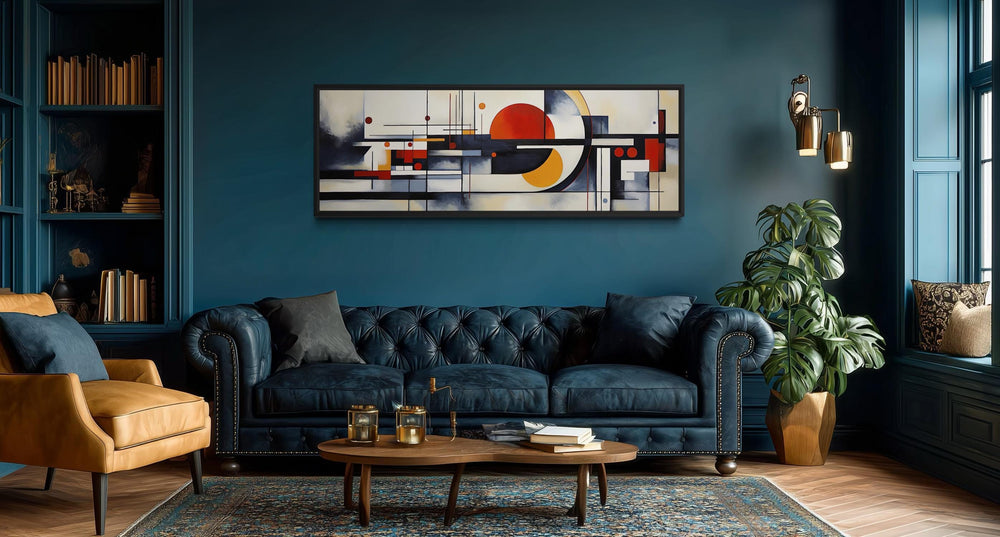Bauhaus abstract geometric canvas print in a panoramic format above a blue leather sofa.
